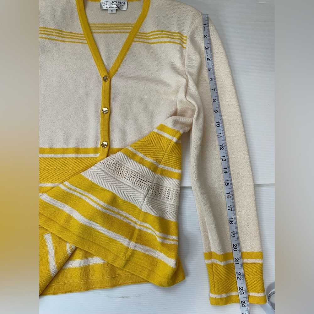 St John Santana Knit Cardigan Gold Tone Buttons Yellow Cream Stripe Size 6 - Picture 8 of 11